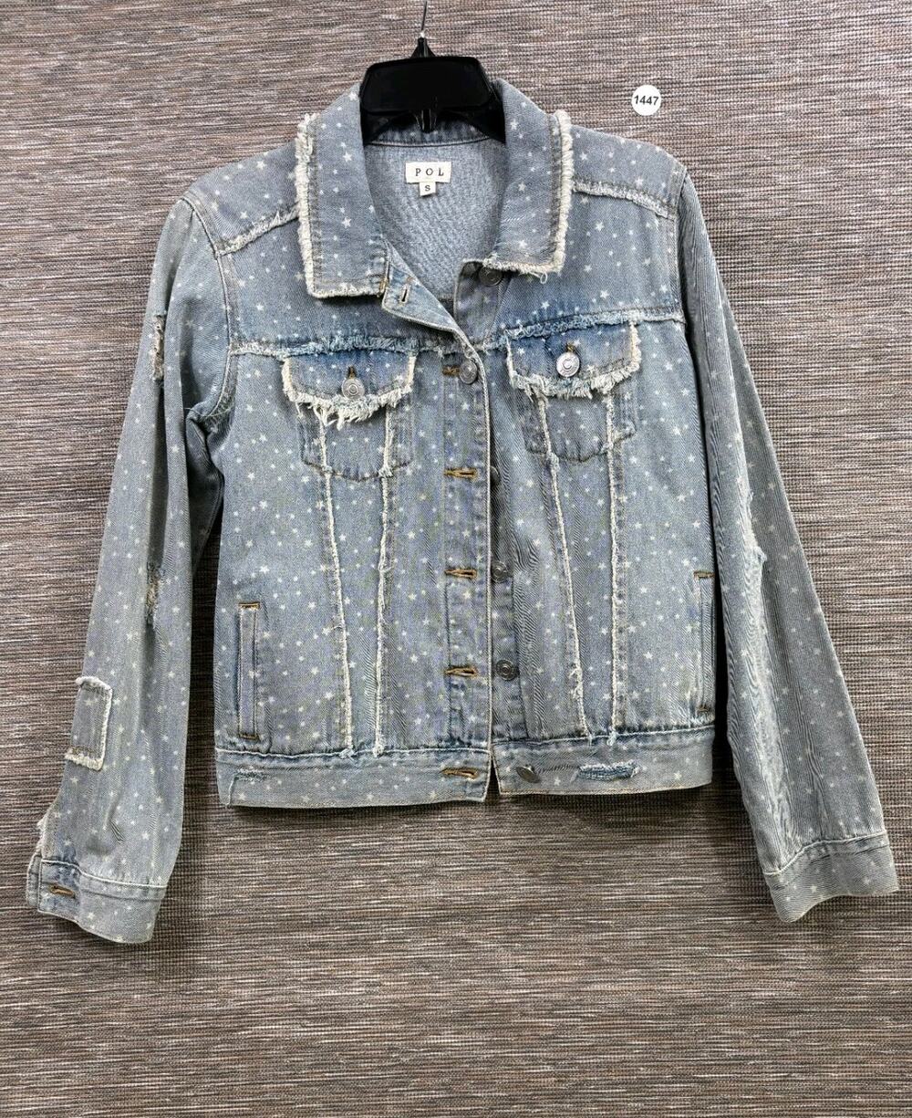 POL Starstruck Fringe Denim Relaxed Jacket Women's Size S Blue Distressed